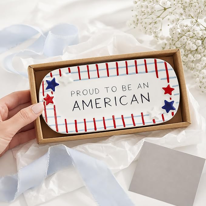 Mud Pie Blue Ceramic Plaid American Sentiment Tray