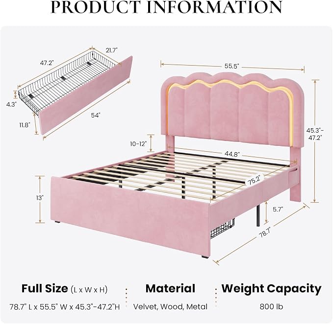 SHA CERLIN Full Size Bed Frame with LED Lights and Storage Drawer, Pink | Upholstered Velvet Platform Bed with Adjuatable Wavy Headboard, Noise-Free, Easy Assembly,No Box Spring Needed