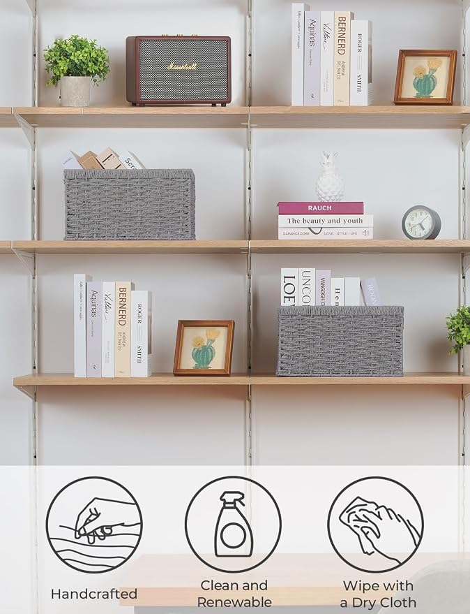 StorageWorks Wicker Storage Baskets,Gray Baskets for Storage,2-Pack | Paper Rope Wicker Storage Baskets for Shelves,Rectangular Wicker Baskets with Handles,Handwoven Grey Baskets,Woven Baskets