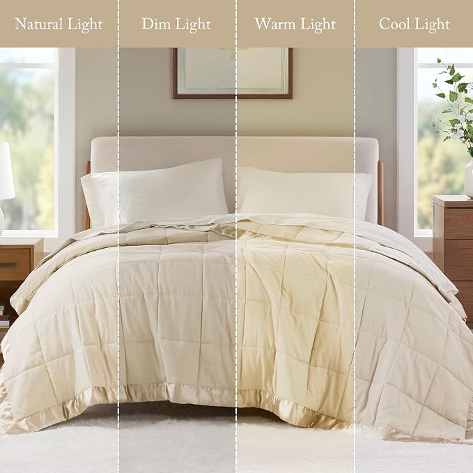 Madison Park Down Alternative Queen Blanket for Bed, Satin Trim, Cream | Lightweight Windom Blanket Full Size Premium 3M Scotchgard Moisture Wicking Treatment, OEKO TEX, Soft Bed Cover, All Season