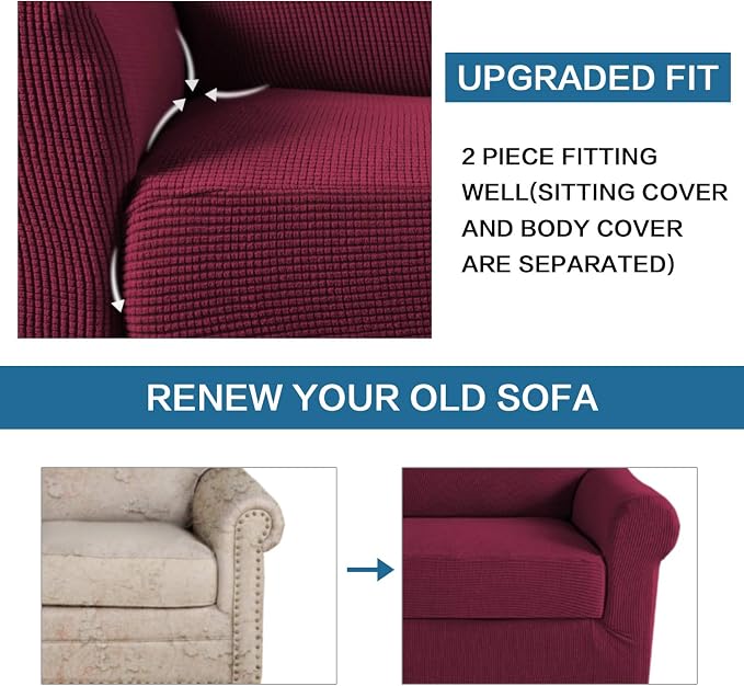 H.VERSAILTEX High Stretch 2 Piece Loveseat Couch Covers Furniture Protector Sofa Cover Suit for T Cushion/Box Cushion, Durable and Thick Spandex Stretch Fabric Soft Slipcover - Loveseat, Burgundy Red