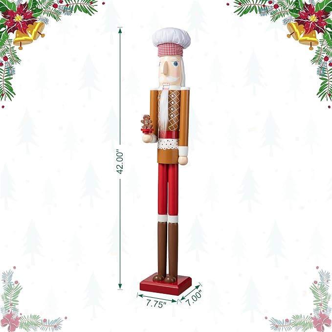 Glitzhome Nutcracker Christmas Decorations 42 Inch Gingerbread Chef Nutcracker with Cookie for Xmas Holiday Decor Porch Gateway