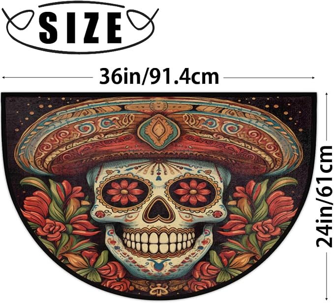 Cool Mexican Skull Half Round Door Mat, Non-Slip Entrance Welcome Mat for Indoor Semi Circle Bathroom Floor Rugs Outdoor Mats House Entry Way Heavy Duty Doormat for Kitchen Living Room 36x24 Inch