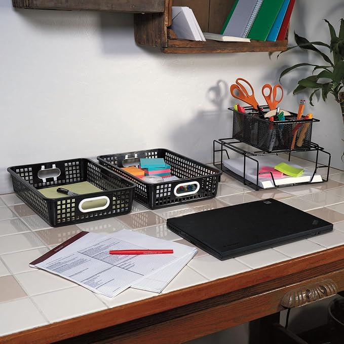Really Good Stuff Multi-Purpose Small Desktop Paper Storage Baskets, 4 Pack | 14" x 10" x 3.25", Black, Classroom Organization, Stackable Mesh Plastic Baskets with Grip Handles