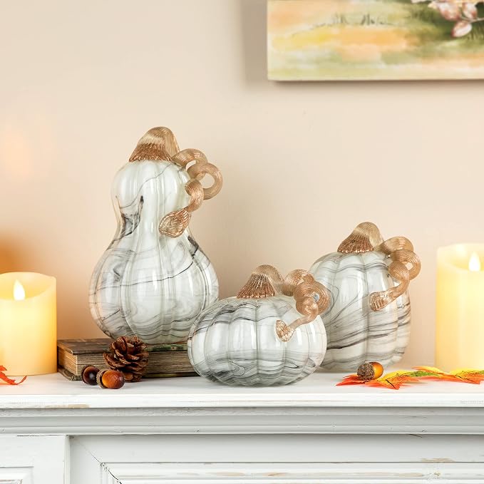 Glitzhome Set of 3 Hand Blown Glitter Glass Pumpkins - Fall Decor for Halloween & Thanksgiving Handmade Table Accent Harvest Home Decor, Gray Marble
