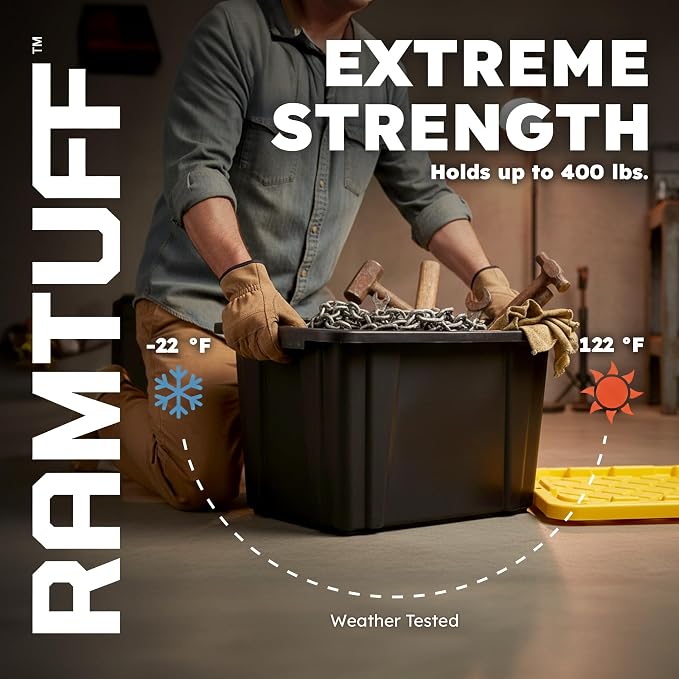 Ramtuff Heavy Duty Stackable Storage Container with Lid, 27 Gallon, 6-Pack | Weather-Resistant Organization Tote with Snap-Tight Lid, for Garage, Basement, Attic, Shed, Closet & Moving
