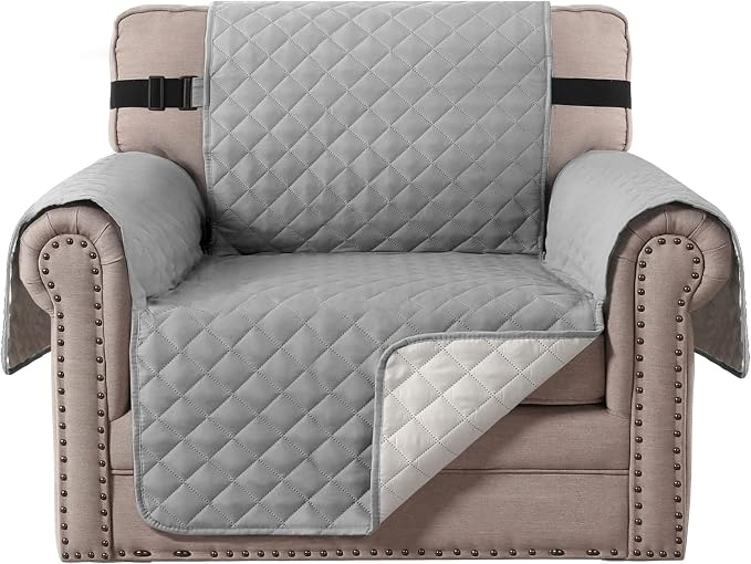H.VERSAILTEX Reversible Chair Couch Covers for 1 Cushion Couch Sofa Water Resistant Chair Slipcover Quilted Chair Cover Super Anti-Slip Furniture Protectors for Dogs(Armchair, Light Grey/Beige)