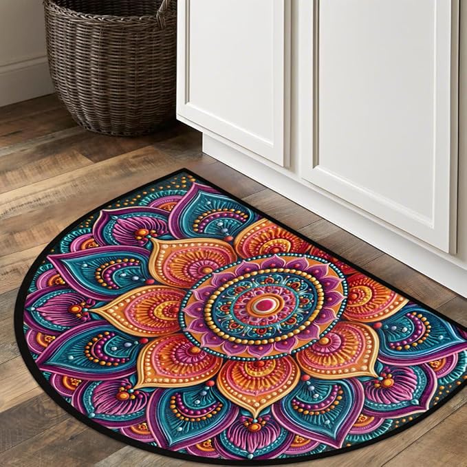Flower Half Round Door Mat Semi Circle Rug Half Moon Doormat | Soft Washable Colorful Boho Welcome Entrance Mat for Outdoor Indoor Floor Bedroom Bathroom Home Kitchen Festival Decor