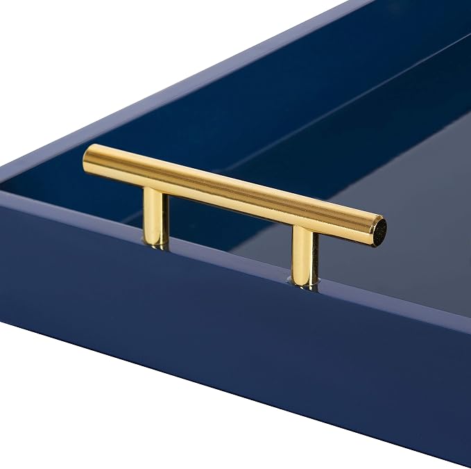 Kate and Laurel Lipton Narrow Decorative Tray with Polished Metal Handles, 10" x 24", Navy Blue and Gold, Chic Accent Tray for Display and Storage