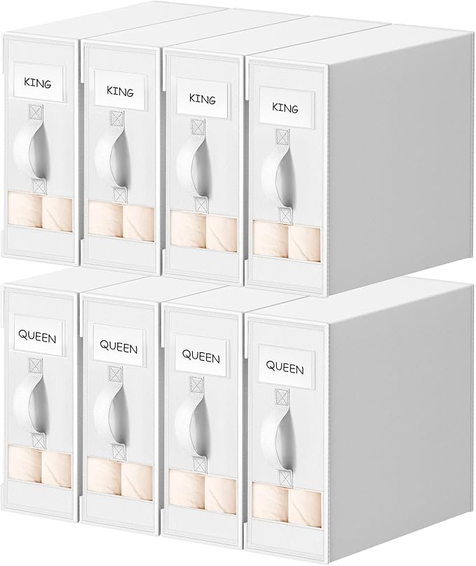 DIMJ Bed Sheet Organizers and Storage 8 Pack - Foldable Sheet Holder, Linen Closet Organizer Box for Sheets Set, Bedding, Blankets, Towel (King & Queen Size)