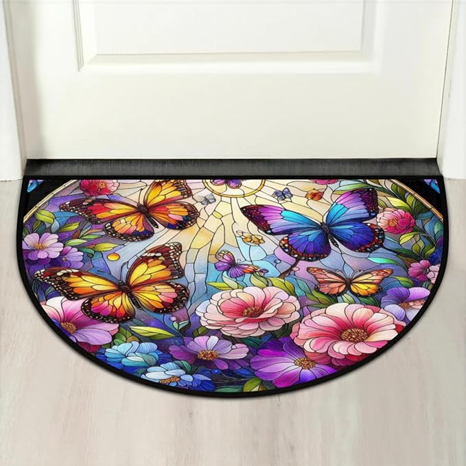 Half Round Doormat Colored Butterfly Flowers Non Slip Half Circle Area Rugs Indoor Washable Half Moon Rug Semi Circle Bathroom Runner Mat Entrance Floor Carpet for Kithen Bedroom Fireplace Decor