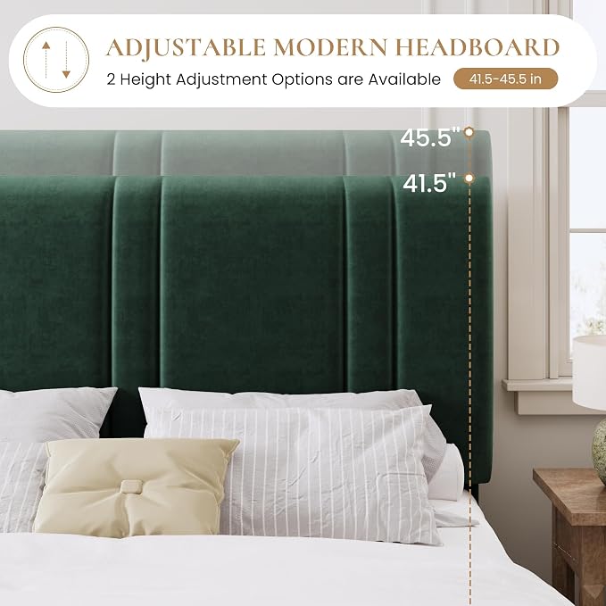 SHA CERLIN Full Size Velvet Bed Frame with Adjustable Headboard, Green | Vertical Channel Tufted Design, Upholstered Platform Bed, Wood Slats Support/No Box Spring Needed/Easy Assembly