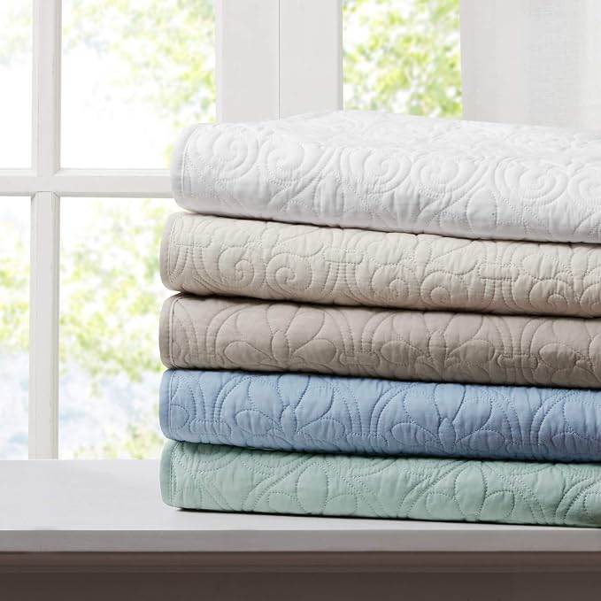 Madison Park Damask Quilting Design Throw Blanket, 60"x70" | Summer, Reversible & Oversized Throw for Living Room Couch, Sofa, Bed, Pre-washed Microfiber, Cotton Filled Spread, Seafoam