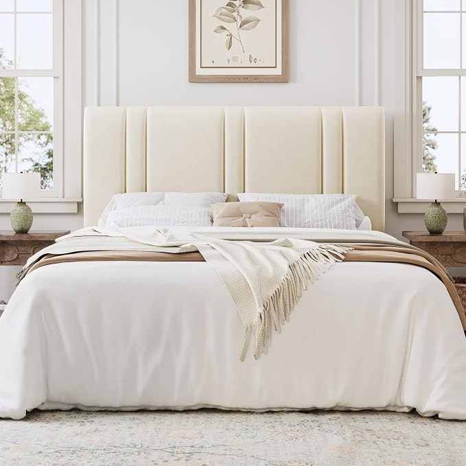 SHA CERLIN Full Size Velvet Bed Frame with Adjustable Headboard, Cream | Vertical Channel Tufted Design, Upholstered Platform Bed, Wood Slats Support/No Box Spring Needed/Easy Assembly