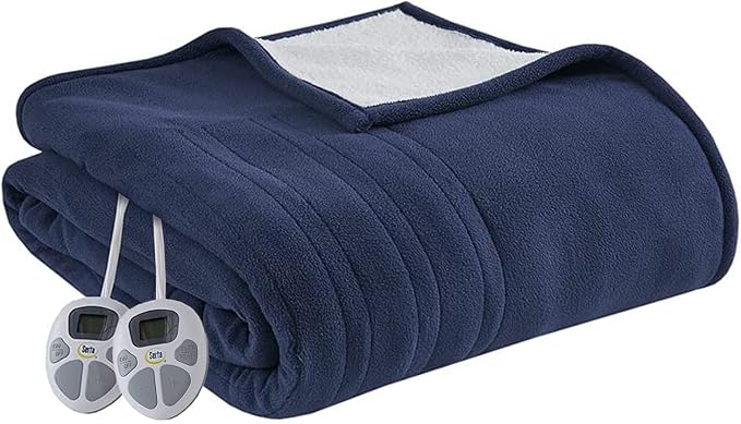 Serta Heated Blanket - Reversible Fleece to Sherpa Electric Blanket, Fast Heating, Auto Shut Off Timer, Multi Heat Setting, ETL Certified, Machine Washable, Blue Queen | Dual-Layer Heated Throw Blanket With 5 Heat Settings & Auto Shut Off, Machine Wash...