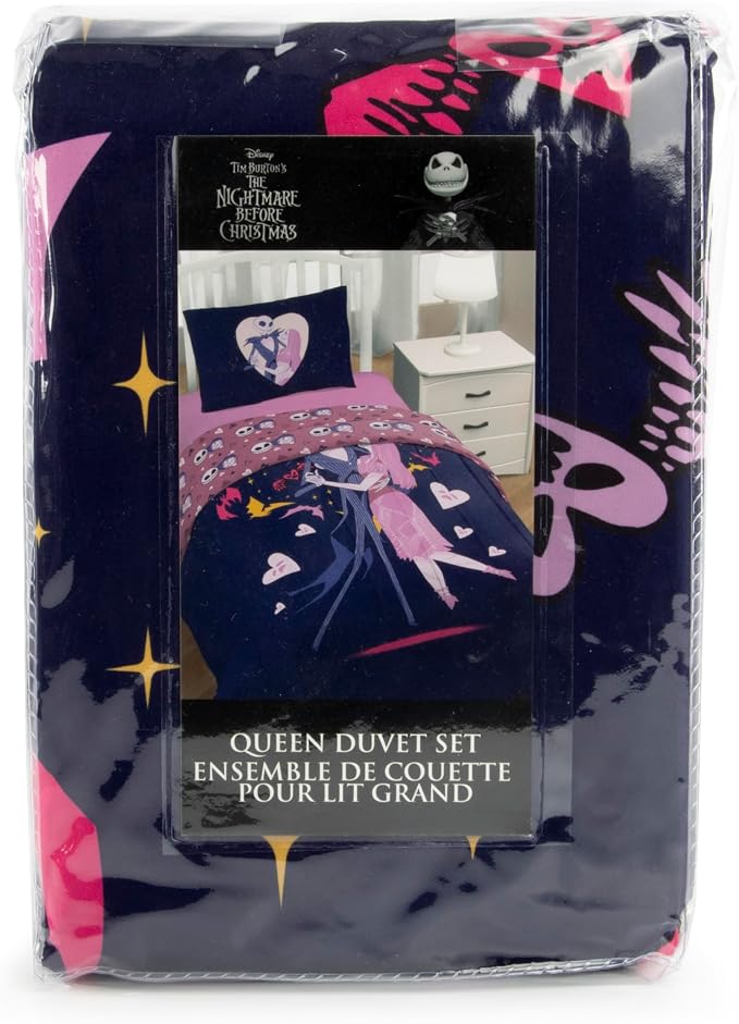 Jay Franco Duvet Cover Set – 3 Piece Comforter Cover and Sham Set, Super Soft Cozy Kids Bedding (Insert Not Included) Purple - Nightmare Before Christmas, Queen