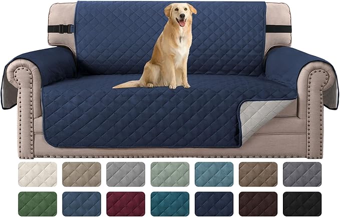 H.VERSAILTEX Reversible Loveseat Cover for 2 Cushion Couch Water Resistant Couch Cover for Dogs Non Slip Furniture Protector Cover with Elastic Strap for Pet Cat(Oversized Loveseat, Navy/Beige)