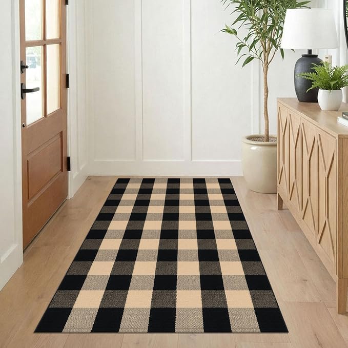 KILOCOCO Buffalo Plaid Checkered Rug 3x5 ft Front Door Rug, Brown and Black | Machine Washable Front Porch Rug, Outdoor Indoor Entryway Rug, Cotton Layered Doormat, Low Pile Rugs for Kitchen Patio