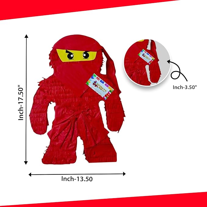 APINATA4U Red Ninja Pinata Kit (17.5x13.5x3.5 Inch) - Elevate Ninja Party Excitement with Complete Supplies, Themed Birthday Fun, Photo Prop, Decorations, Includes Stick and Mask!
