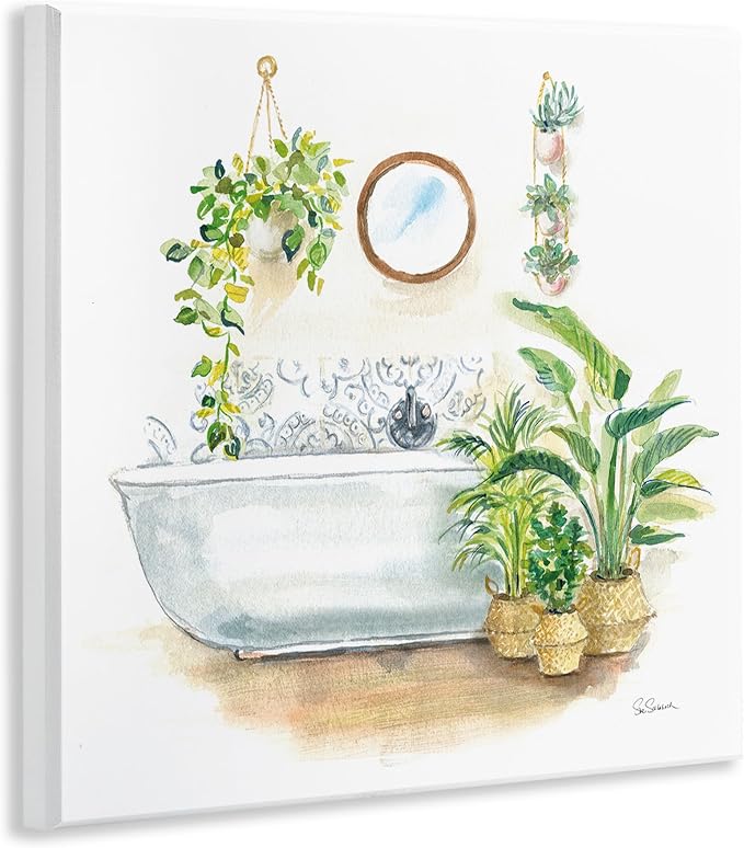 Stupell Industries Serene Bathroom Interior with Greenery Plants Painting | Stupell Industries | 12 x 12 Inches, Easy to Hang and Sturdy, Made in USA, by Sue Schlabach
