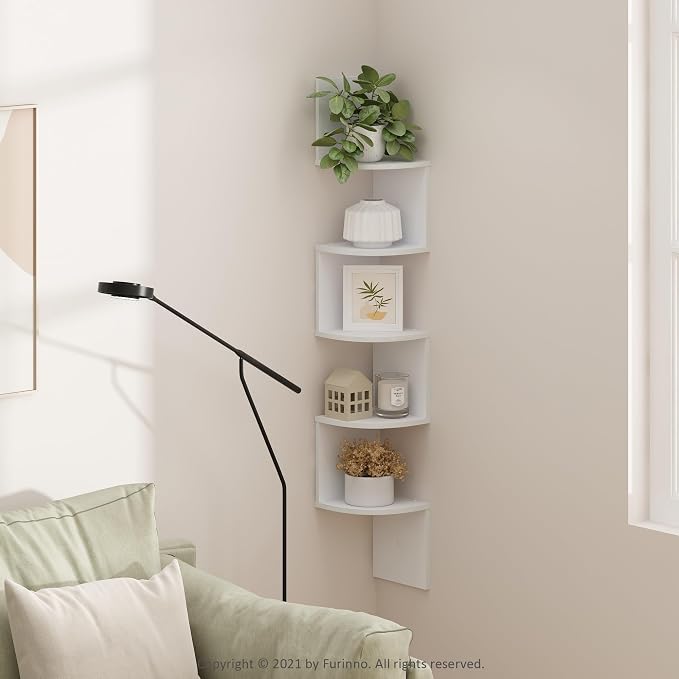 Furinno Rossi 5-Tier Wall Mount Floating Radial Corner Shelf, White