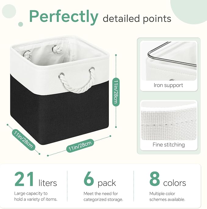 FinishingBo 11 inch Cube Storage Bin with Handles 6 Pack | Foldable Basket, Fabric Storage Bins, Closet Storage, Home Organizer (White/ Black)