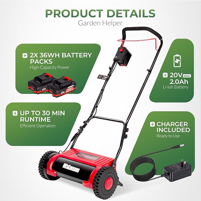 Walensee 16-Inch Cordless Electric Reel Lawn Mower with 2 Batteries | 380W motor at 22500 RPM, 5-blade reel at 900 RPM and 4 cutting heights from 0.67 to 1.77 inches for small yards