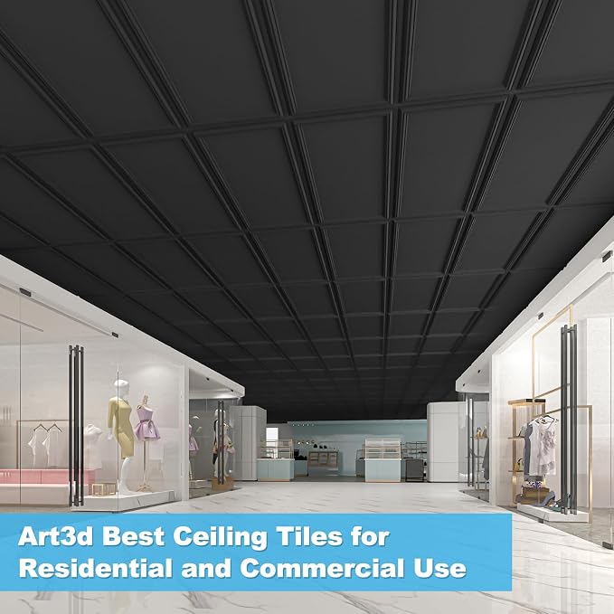 Art3d Drop Ceiling Tiles 48x24, Decorative PVC Ceiling Panels, Waterproof Rustproof and Durable 12-Pack, Glue Down, Rectangular Black