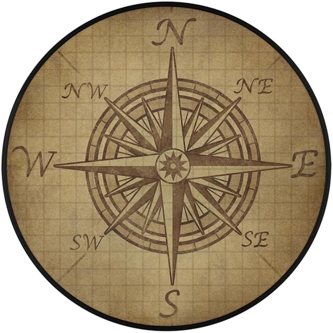 Compass Rose Retro Round Area Rug, Vintage Pattern Non-Slip Circle Rug for Bedroom Living Room Outdoor Study Playing Floor Mat Carpet, 3' Diameter