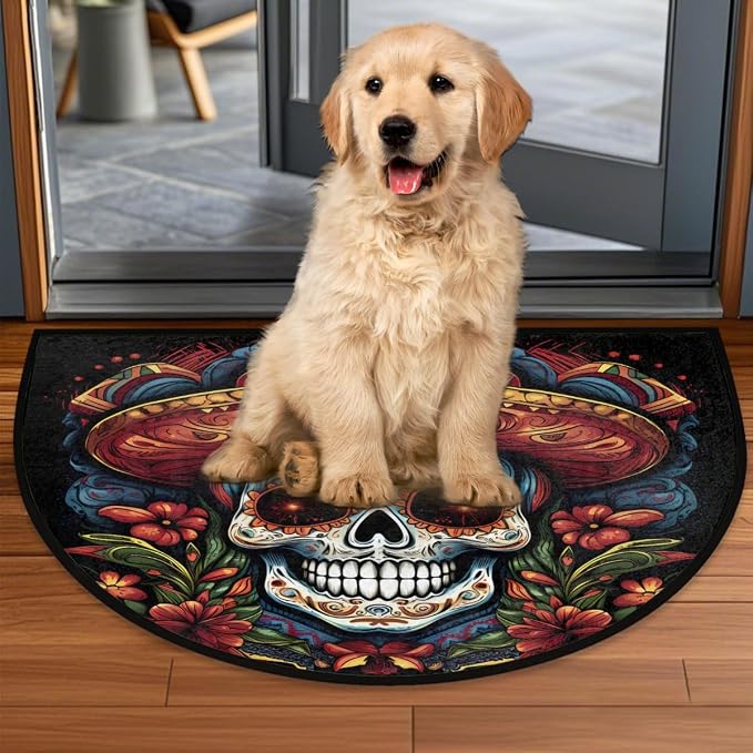 Skull Half Round Doormat Washable Semi Circle Rug Kitchen Outdoor Rugs | Sugar Skull Half Moon Rugs Non Slip Absorbent Entrance Floor Mat for Indoor Outdoor Bathroom Bedroom Fireplace Carpet Decor
