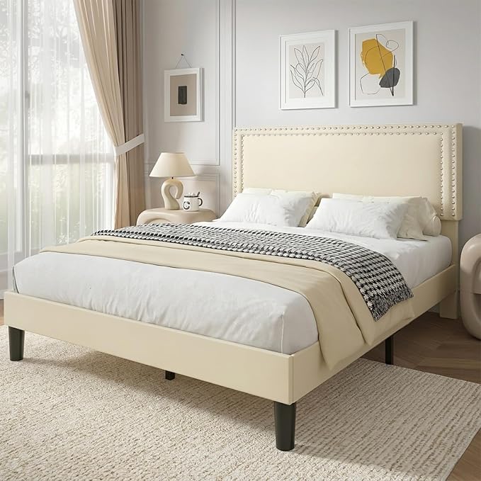 VECELO King Bed Frame with Rivet-Tufted Headboard & Footboard, Upholstered Platform Bed with Wood Slats Support, No Box Spring Needed, Noise-Free, Easy Assembly, Beige