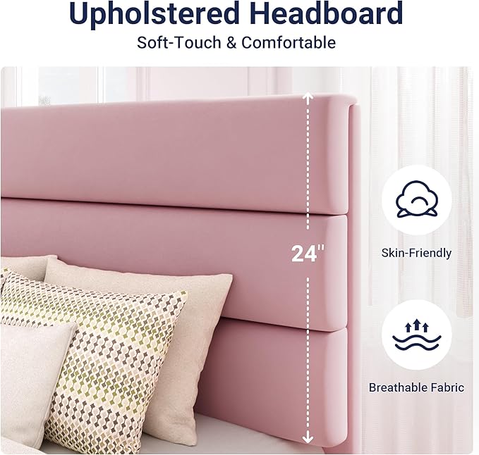 Allewie Full Size Platform Bed Frame with Velvet Upholstered Headboard Pink | Wooden Slats Support, Fully Upholstered Mattress Foundation, No Box Spring Needed, Easy Assembly, Noise-Free, Pink