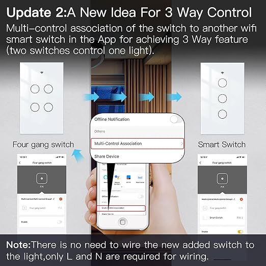 MoesGo WiFi Smart Wall Light Switch,Glass Panel, Multi-Control(3 Way), 2.4GHz Wi-Fi Touch Switches, Neutral Wire Required, Remote Control Smart Life/Tuya App, Work with Alexa, Google Home White 4 Gang