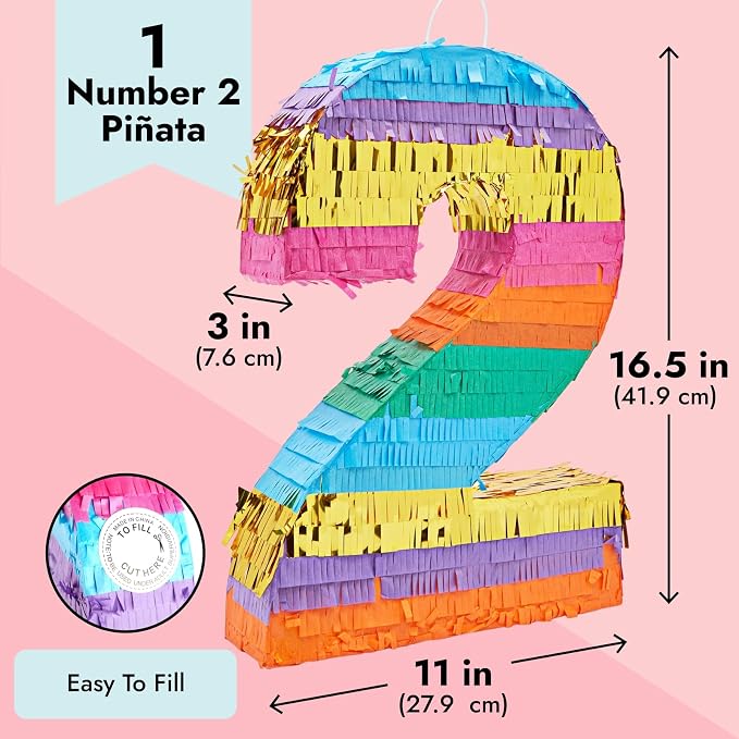 Number 2 Rainbow Pinata with Hanging Loop for Kids 2nd Birthday Party Decorations, Centerpiece Anniversary, Mexican Fiesta, Easy to Fill Label (11x3x16.5 in, Small)