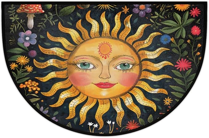 Sun Half Round Doormat Non-Slip Semi Circle Rug Half Moon Mat | Mushroom Flower Ethnic Washable Soft Absorbent Indoor Outdoor Entrance Kitchen Bathroom Sink Welcome Fireplace Floor Rug