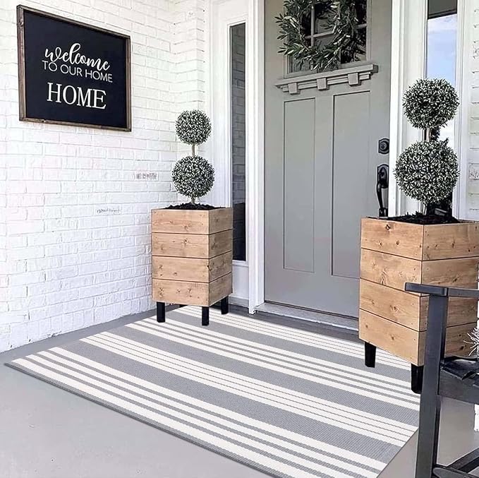 BUAGETUP Grey and White Outdoor Rug 3'x 5' Hand-Woven Cotton Washable Rug Striped Front Porch Rug Area Rug Floor Mat for Farmhouse/Layered Door Mats/Living Room