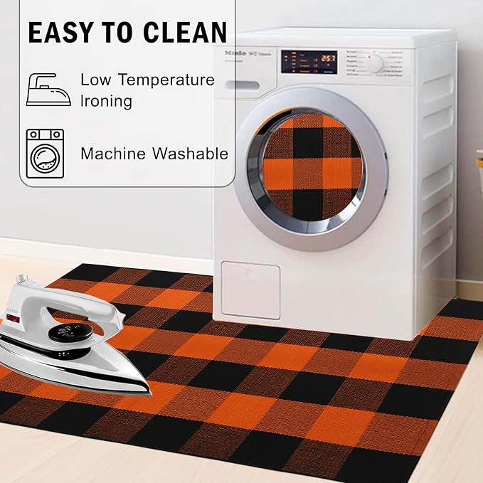 Buffalo Plaid Outdoor Rug 4x6 Ft Orange and Black Checkered Area Rug Halloween Washable Fall Indoor Outdoor Rugs for Entryway,Hallway, Kitchen, Living Room, Dining Room, Bedroom