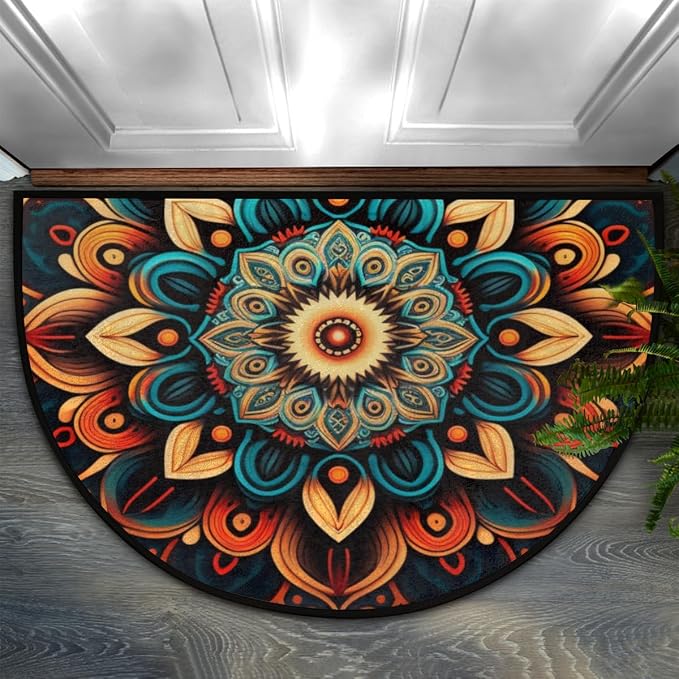 Bohemian Flower Half Round Doormat Boho Floral Washable Semi Circle Area Rug Non Slip Absorbent Half Moon Rug for Indoor Outdoor Bathroom Kitchen Patio Front Welcome Fireplace Hearth Floor Mat