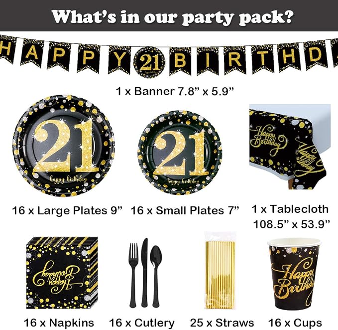 21st Birthday Party Supplies Set-16 Guests-Black And Gold Disposable Tableware kit, 21 Years Birthday Decorations, Include Paper Plates, 12oz Cups Napkins Banners Tablecloth Straws Cutlery…