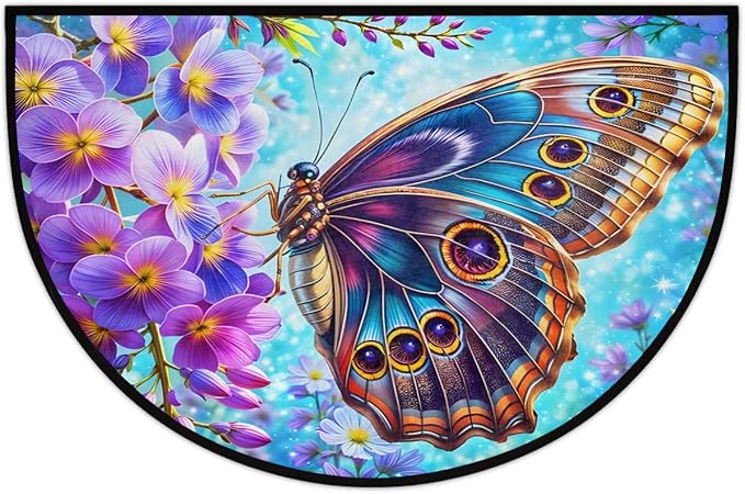 Colorful Butterfly Purple Flower Half Round Mat Half Moon Door Rug Washable Durable Semi Circle Carpet Floor mats for Indoor Outdoor Bathroom Kitchen Patio Hearth Rug Laundry Room Home Decoration