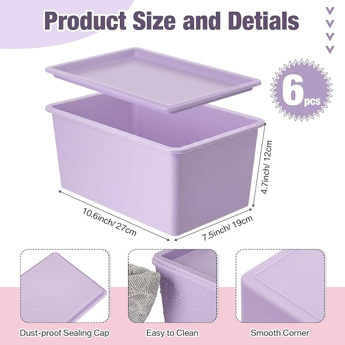 Menkxi 6 Pcs Storage Bins with Lids Small Plastic Storage Containers Stackable Storing Baskets Box Cute Organizer Bins for Organizing Shelves (Pink,Purple,Orange)