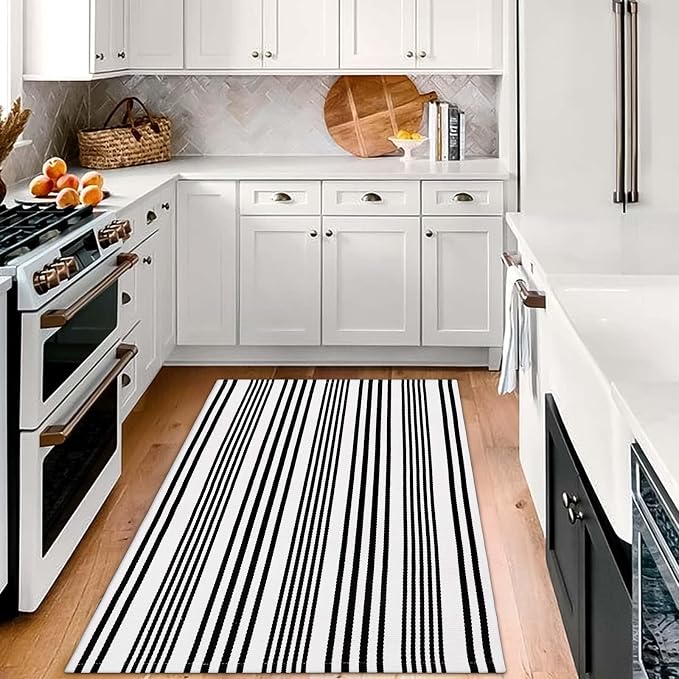 OJIA Black and White Outdoor Rug 3' x 5', Machine Washable Front Door Mats Outdoor, Cotton Hand-Woven Striped Porch Rug Entryway Rug Indoor/Outdoor Area Rug Floor Mat for Farmhouse/Living Room | Front Door Mats Outdoor Mat Cotton Woven Striped Porch Ru...