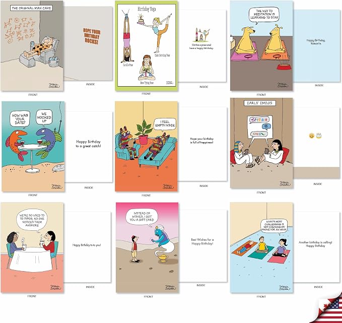 NobleWorks 36 Assorted Funny Birthday Cards Bulk Box Set with Envelopes, Rich Humor Cartoons Greeting Card Variety Pack for Men and Women (36 Designs, 1 Each) Celebrations AC7741BDG-B1x36