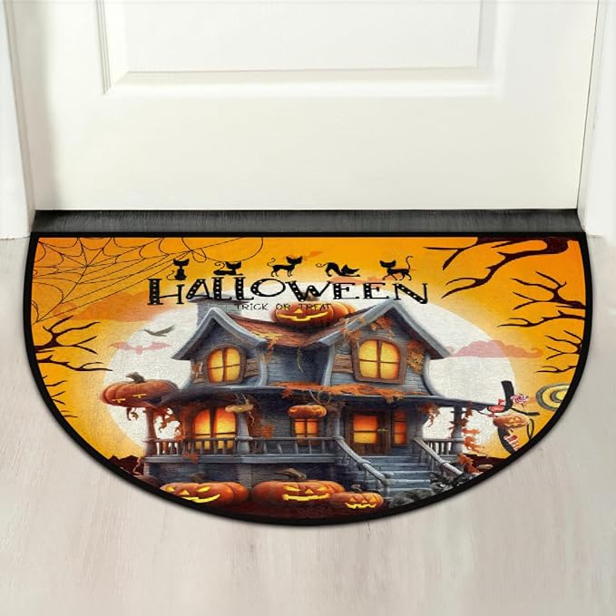 Halloween Half Round Doormat Non-Slip Semi Circle Rug Half Moon Mat | Castle Pumpkin Washable Soft Absorbent Indoor Outdoor Entrance Kitchen Bathroom Sink Patio Welcome Fireplace Floor Rug