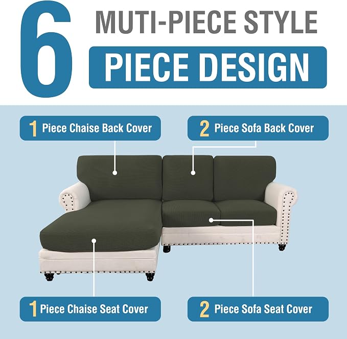 H.VERSAILTEX Sectional Couch Covers 3 Pieces Sofa Seat Cushion Covers L Shape Separate Cushion Couch Chaise Cover for Both Left/Right Sectional Couch (Seat Only: 1 Chaise + 2 Sofa, Olive)