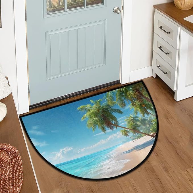 Summer Beach Half Round Door Mat Semi Moon Rug Fireplace Carpet Area Rugs | Summer Beach Non Slip Absorbent Half Circle Mat Carpet for Indoor Outdoor Patio Kitchen Bathroom Entryway Home Decor