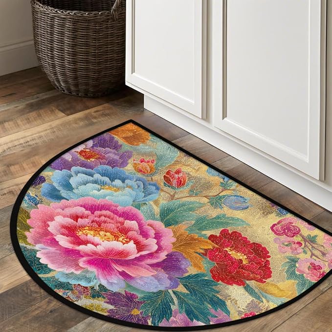 Flower Half Round Door Mat Semi Circle Rug Half Moon Doormat | Soft Washable Colorful Ornate Welcome Entrance Mat for Outdoor Indoor Floor Bedroom Bathroom Home Kitchen Festival Decor