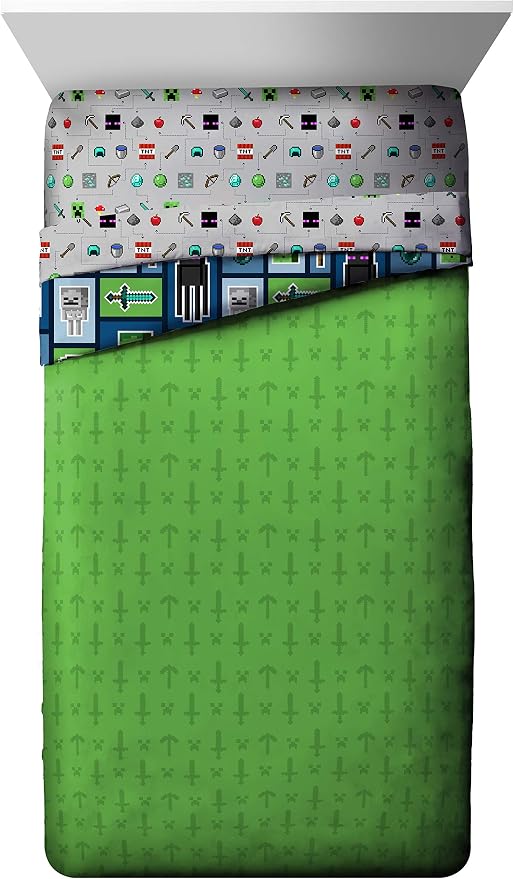 Minecraft Creeper Full Size Comforter Set 5 Piece Kids Bedding, Multi | Zombie, Bed in a Bag, Comforter Sheets Pillowcases, Official Product, Soft Microfiber, Machine Washable, Boys Gift