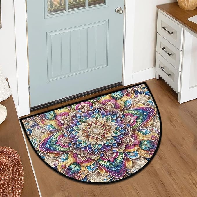 Flower Mandala Rainbow Half Round Door Mat Non-Slip Semi Circle Rug Washable Half Moon Floor Rug Absorbent Bathroom Area Rugs for Outdoor Indoor Fireplace Mat Entryway Kitchen Decor Rugs