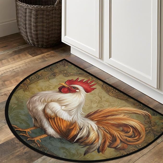 Rooster Flower Ethnic Half Round Door Mat Non-Slip Semi Circle Rug Washable Half Moon Floor Rug Absorbent Bathroom Area Rugs for Outdoor Indoor Fireplace Mat Entryway Kitchen Decor Rugs